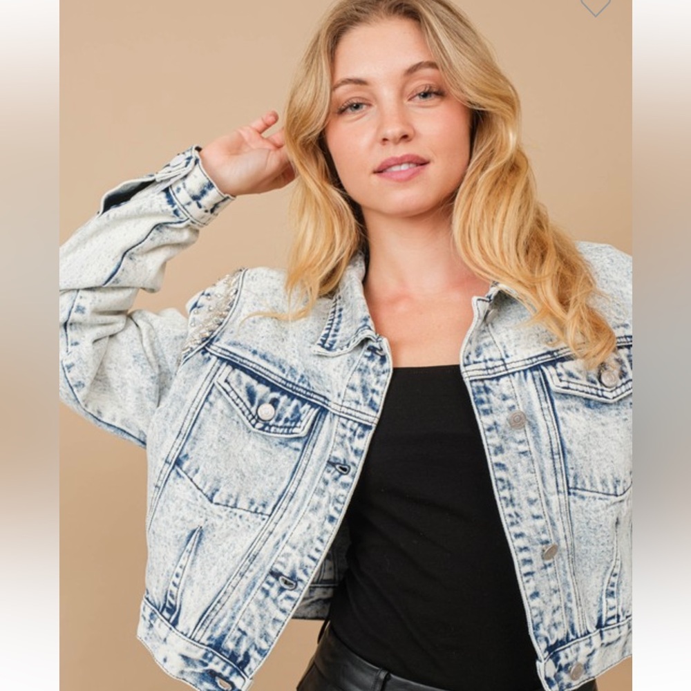 80037J Blue B Acid Washed Denim Jacket with Embellished Beading - Various Sizes - Picture 2 of 3